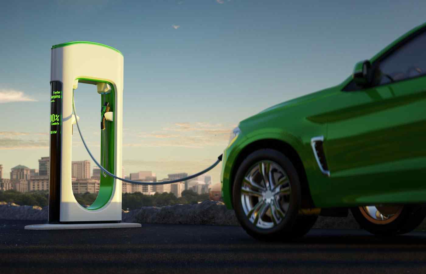 electric vehicle recharging on the outskirts of the city