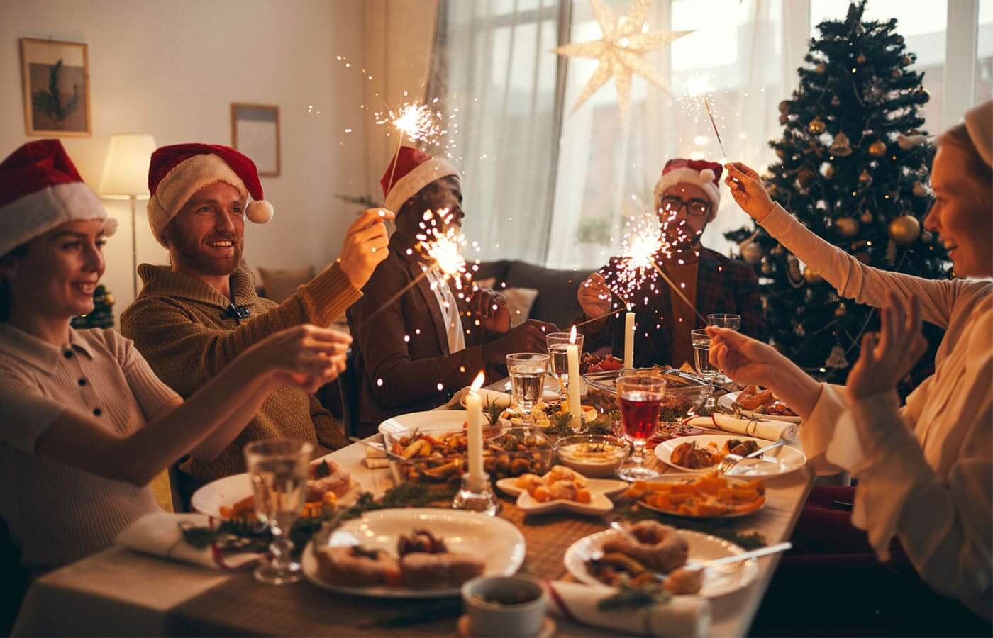 A family celebrating a Christmas dinner